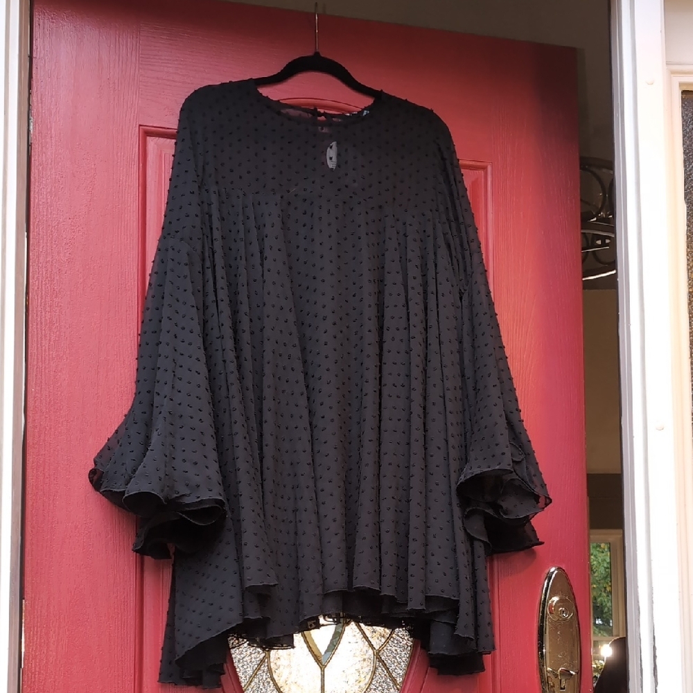 NWT -Boohoo Black Textured Polkadot Trapeze Dress - Black